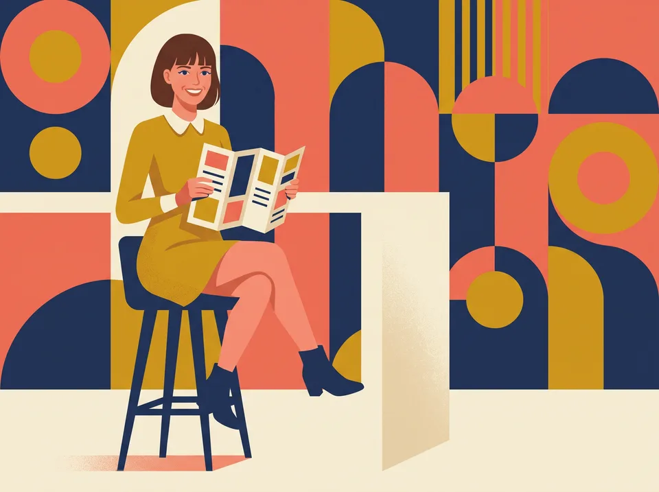 Illustration: the guide character sits on a tall stool reading a folded leaflet in front of a wall of bold geometric shapes.