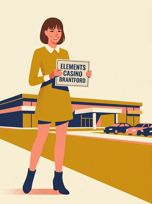 Illustration: a young woman with a brown bob in a mustard mini dress stands in front of a low modern building, holding a card that reads Elements Casino Brantford.
